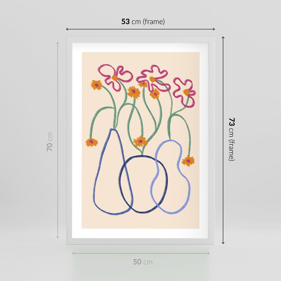 Plakat w ramie 50x70 - Migocące Pastelowe Impresje - minimalistyczny abstrakcyjny obraz, prymitywne kwiatki - rama biała