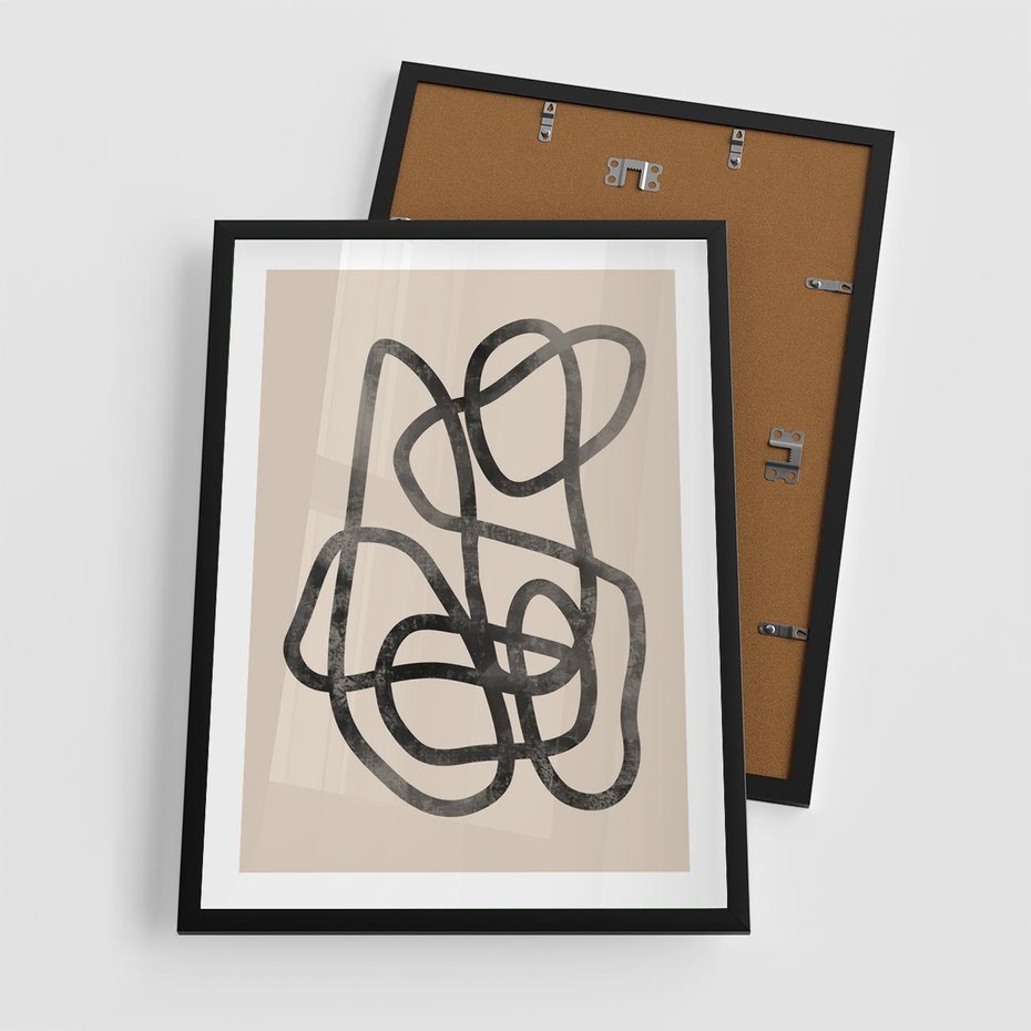 Plakat w ramie 50x70 - Przenikanie Wirtualnych Wymiarów - zaplątane minimalistyczne linie, na bezowym tle - rama czarna