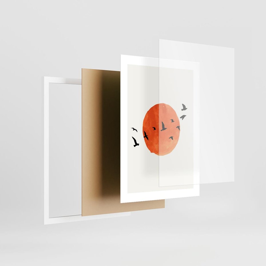Plakat w ramie 30x40 - Zachód Słońca i Ptaki - grafika akwarela, czarne ptaki na tle zachodu słońca - rama biała
