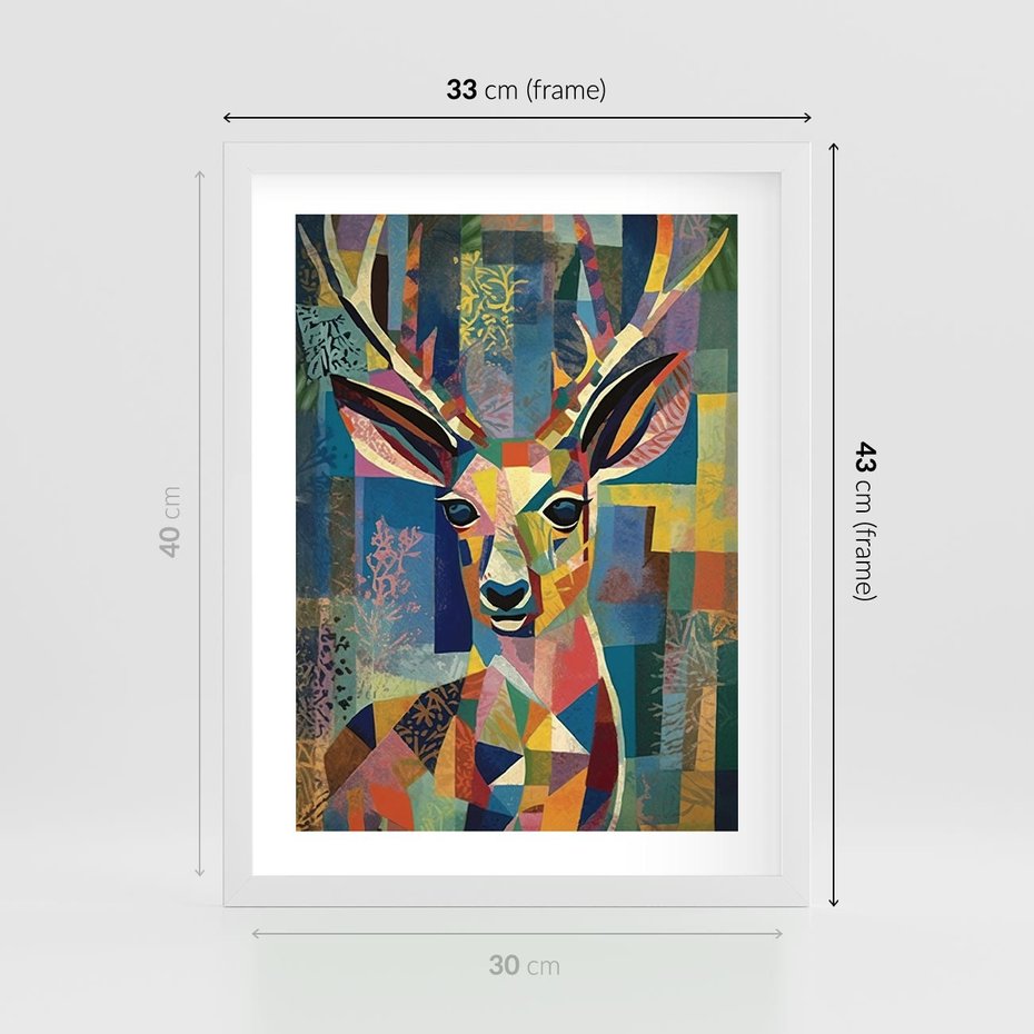 Plakat w ramie 30x40 - Bezgraniczne Kontury Zaskoczenia - abstrakcyjny obraz olejny, jeleń - rama biała