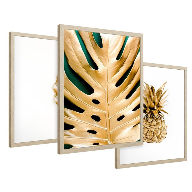 Zestaw obrazy w ramie 30x40 galeria - Złoty, ananas, monstera, gold - rama drewno