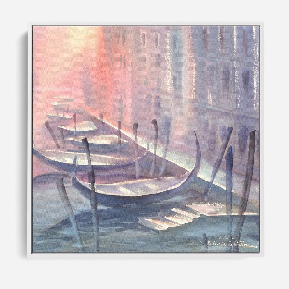 Obraz w ramie 80x80 - Romantyczne Zachody - akwarelowy rysunek, stonowane pastelowe kolory - rama biała