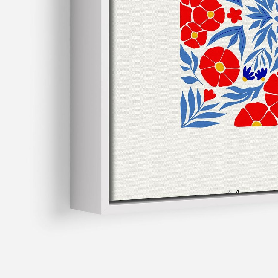 Obraz w ramie 80x80 - Tajemnicza Droga - nowoczesna kwiatowa kompozycja, czerwony i niebieski - rama biała