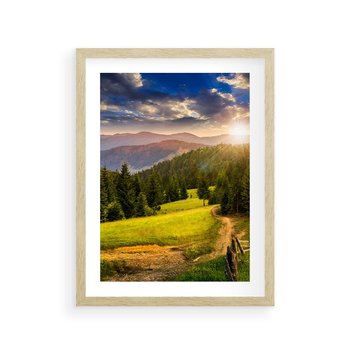 Plakat w ramie 50x70 - Zachód słońca na łące - zachód, łąka - rama drewno