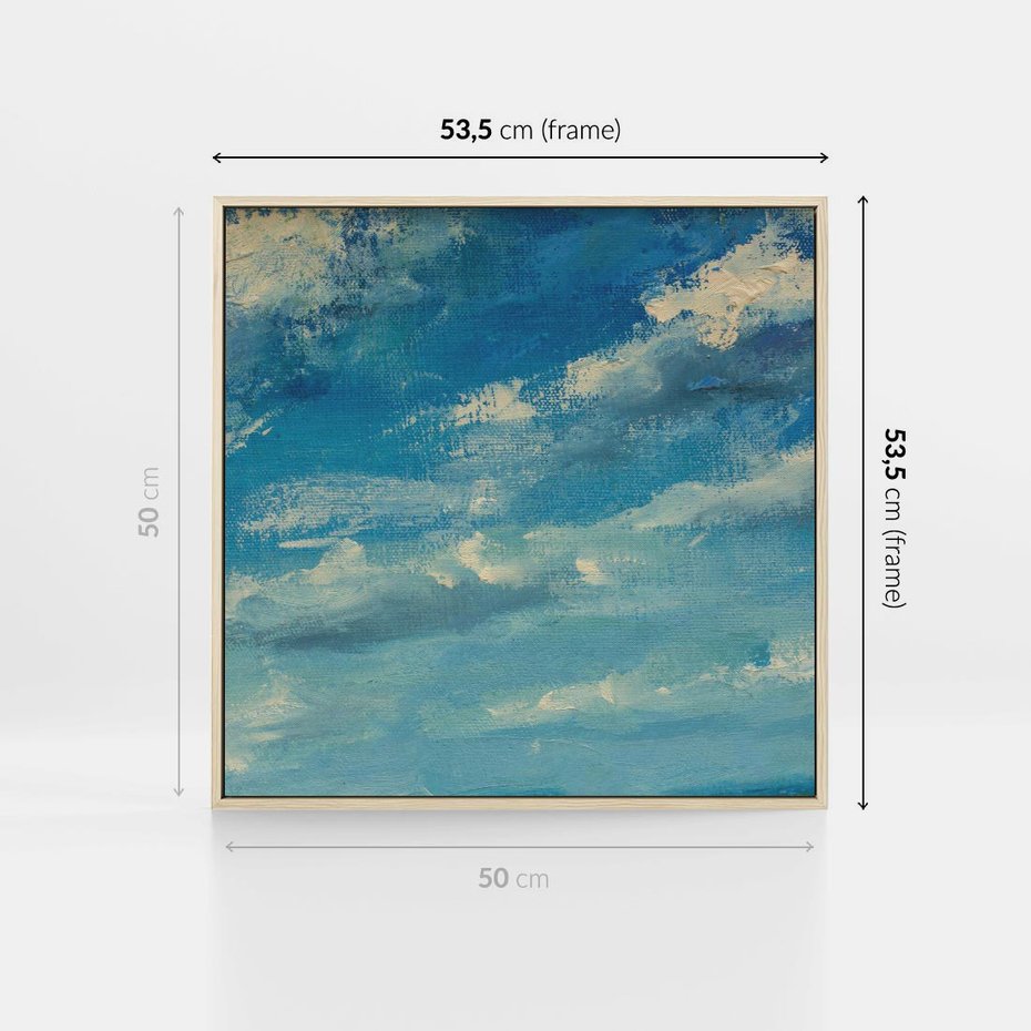 Obraz w ramie 50x50 - Oddechy niebiańskiej materii - olejny obraz, smugi farby przypominają obłoki na błękitnym niebie - rama drewno