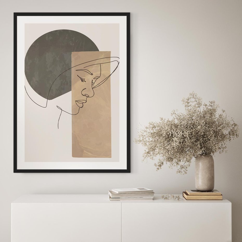 Plakat bez ramy 40x50 - Jedną Linią: Kobieca Twarz - abstrakcja, plamy w tle