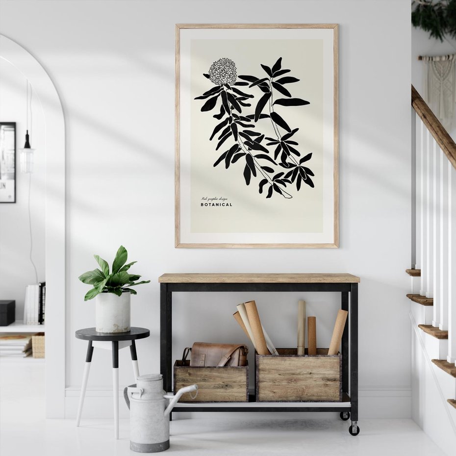 Plakat w ramie 30x40 - Szept kwiatowej wyobraźni - czarno biała grafika, roślinność - rama drewno