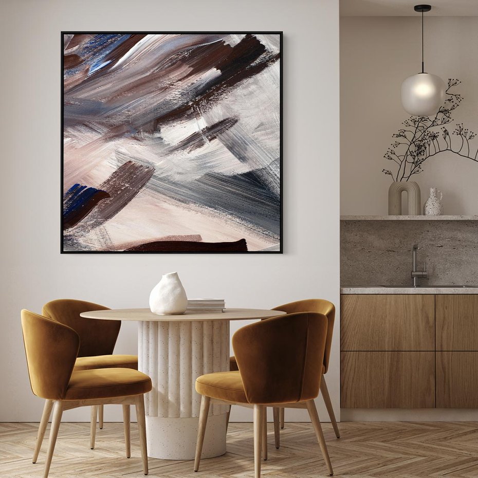 Obraz w ramie 50x50 - Eksploracja Dramaturgii - abstrakcyjny chaos, chatyczne maźnięcia pędzla - rama czarna