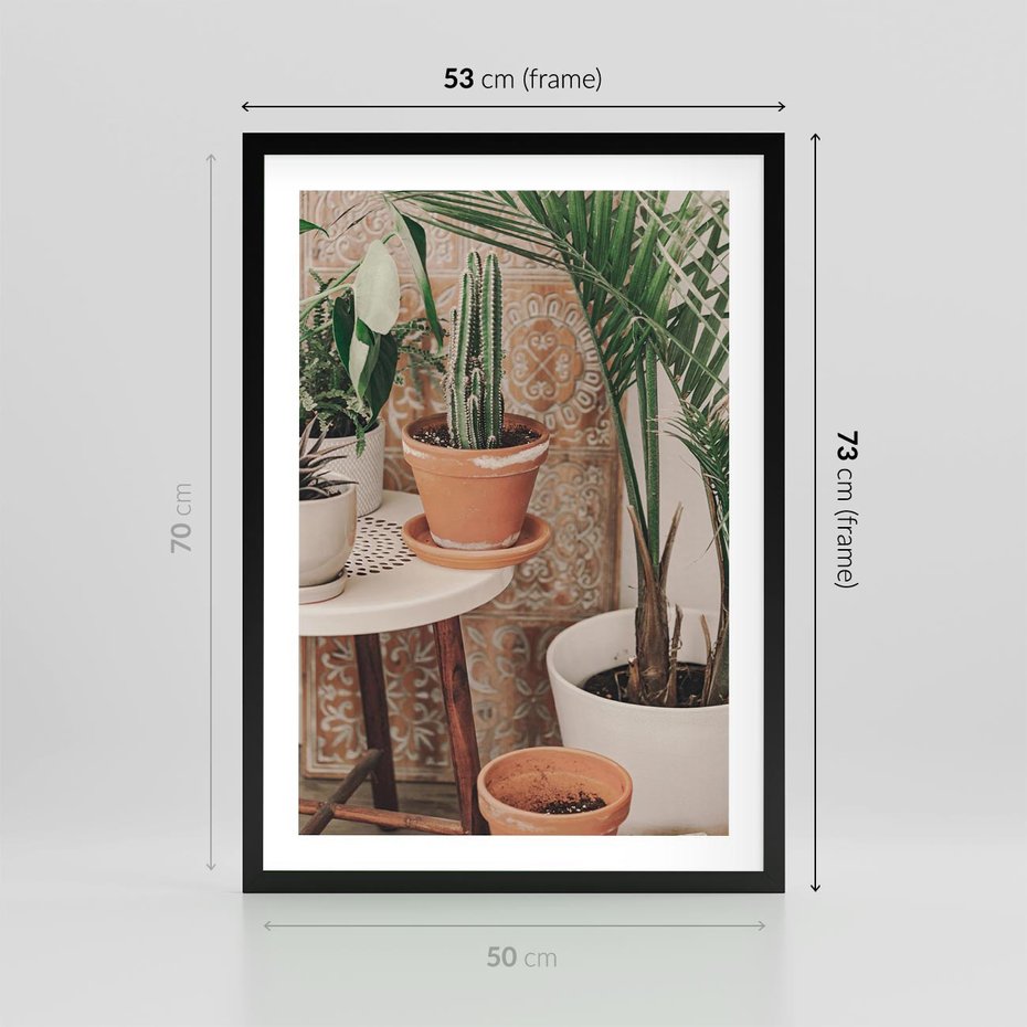 Plakat w ramie 50x70 - Boho Oaza: Kaktusy w Doniczkach - rośliny kaktusy w doniczkach, boho wnętrze - rama czarna