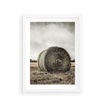 Plakat w ramie 40x50 - Siano w Sepii: Wiejska Tradycja - snopek siana, bela siana - rama biała