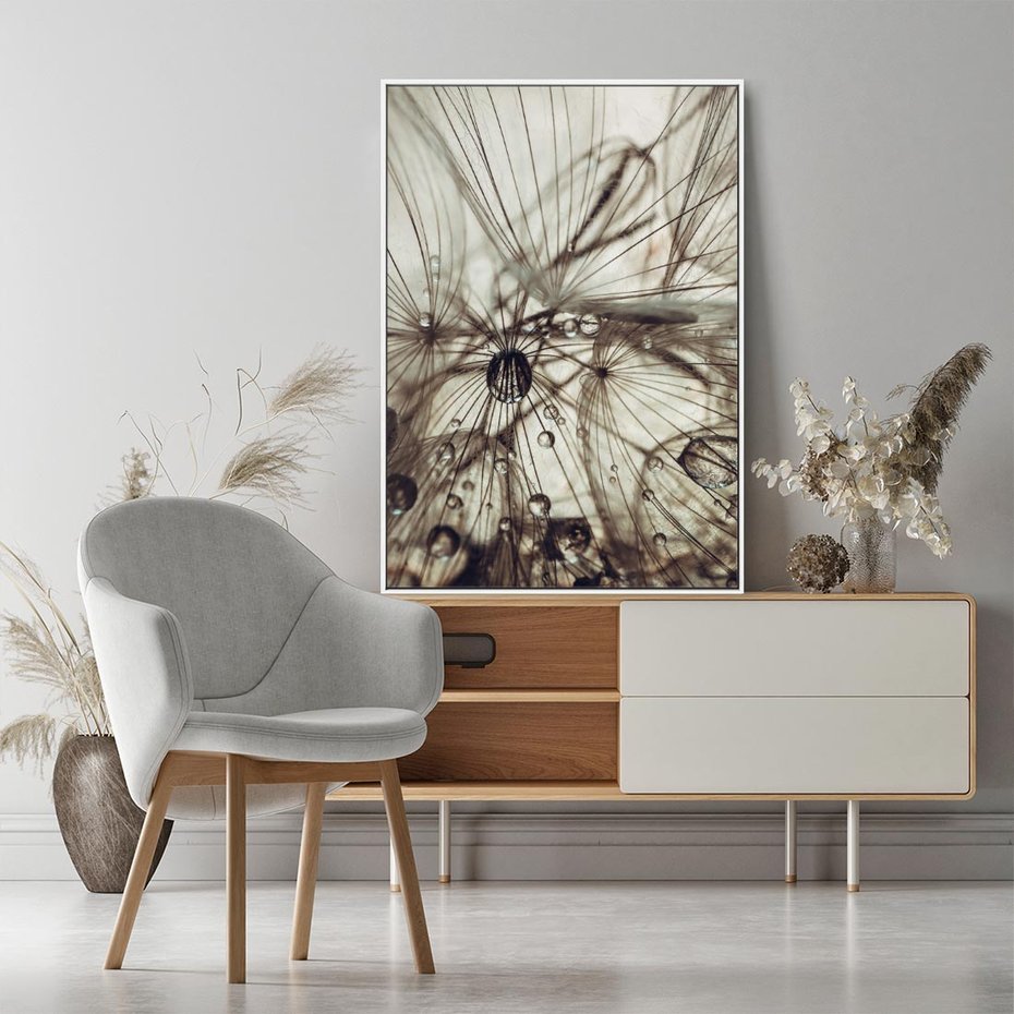 Obraz w ramie 80x120 - Lekkie dmuchawce - dmuchawce, krople - rama biała