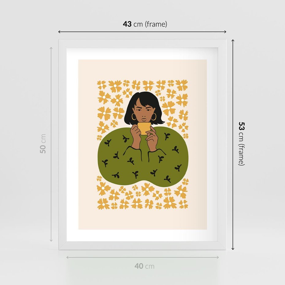 Plakat w ramie 40x50 - Wewnętrzne Fale - nowoczesny plakat, kobieta otoczona liśćmi - rama biała