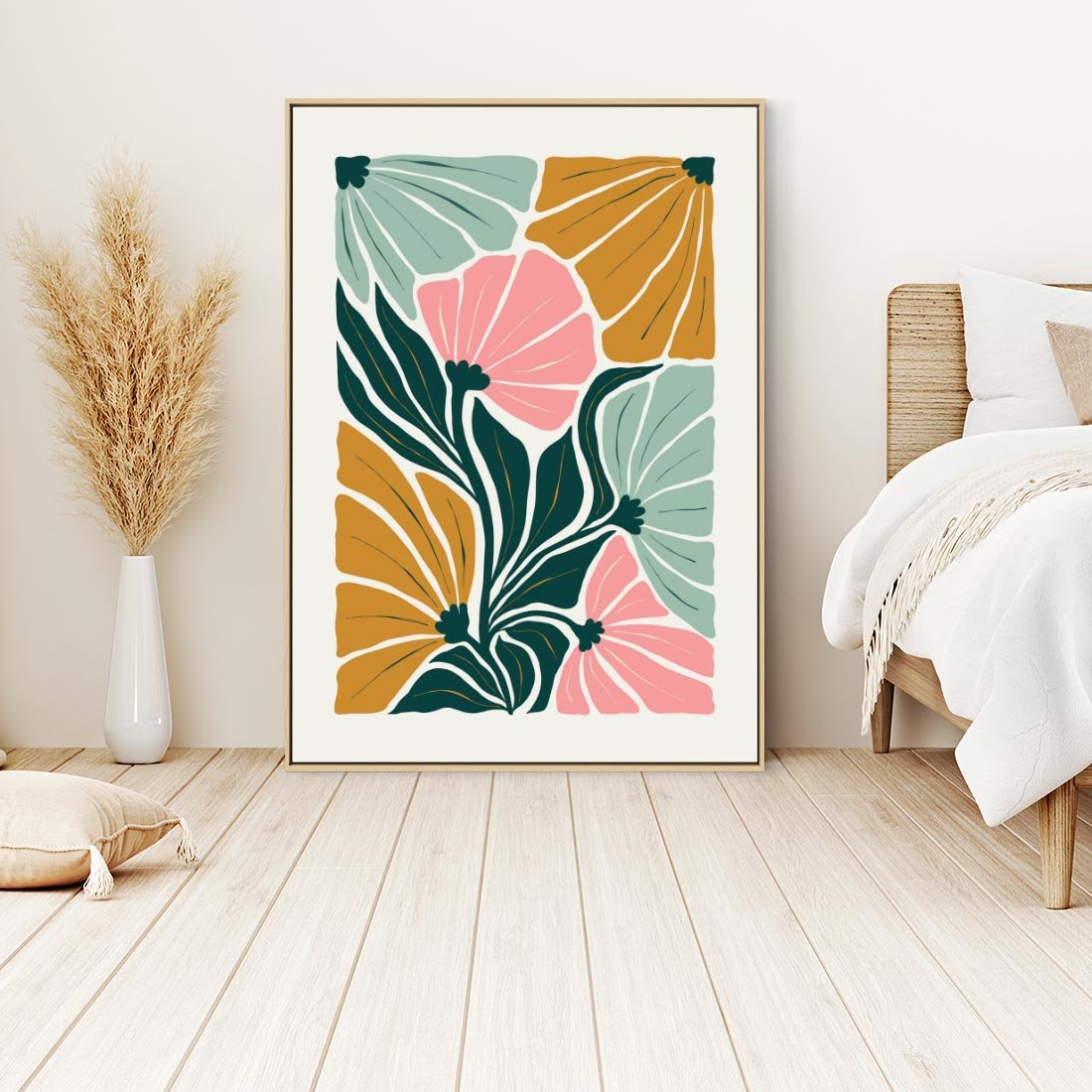 Obraz w ramie 70x100 - Rozplątane Myśli - abstrakcyjna kompozycja, pastelowe kwiaty - rama drewno