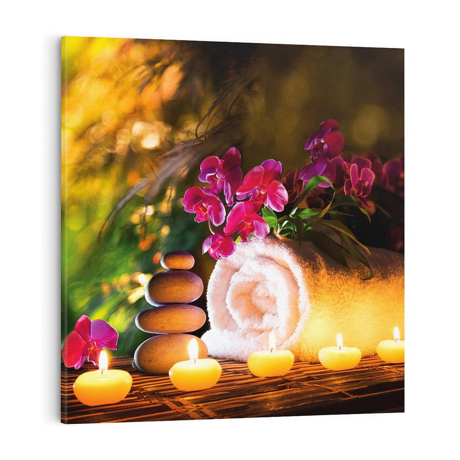 Obraz na płótnie 70x70 - Relaksujące spa z płonącymi świecami - spa, świece