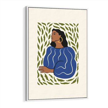 Obraz w ramie 70x100 - Rozbite Barwy - nowoczesny plakat, kobieta otoczona liśćmi - rama biała