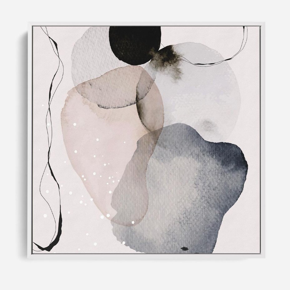 Obraz w ramie 80x80 - Migocące Barwy - abstrakcyjne plamy akwarelowe, czarny szkic - rama biała