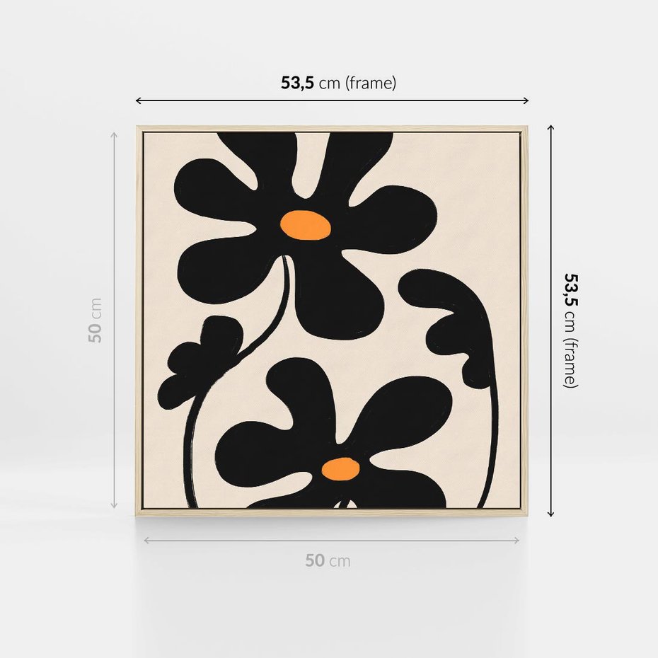 Obraz w ramie 50x50 - Wyjątkowość Boho - minimalistyczny abstrakcyjny obraz, prymitywne kwiaty - rama drewno
