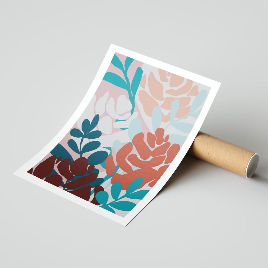 Plakat bez ramy 40x50 - Impresje Kształtów - abstrakcyjna kompozycja kwiatowych form, kolor zgaszone