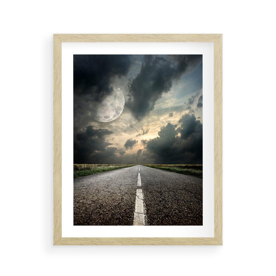 Plakat w ramie 40x50 - magia nocnej drogi - droga, księżyc - rama drewno
