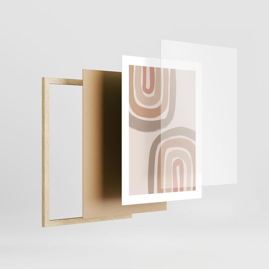 Plakat w ramie 30x40 - Migotliwe Tęczowe Przestrzenie - abstakcyjne tęcze, delikatne odcienie beżu - rama drewno