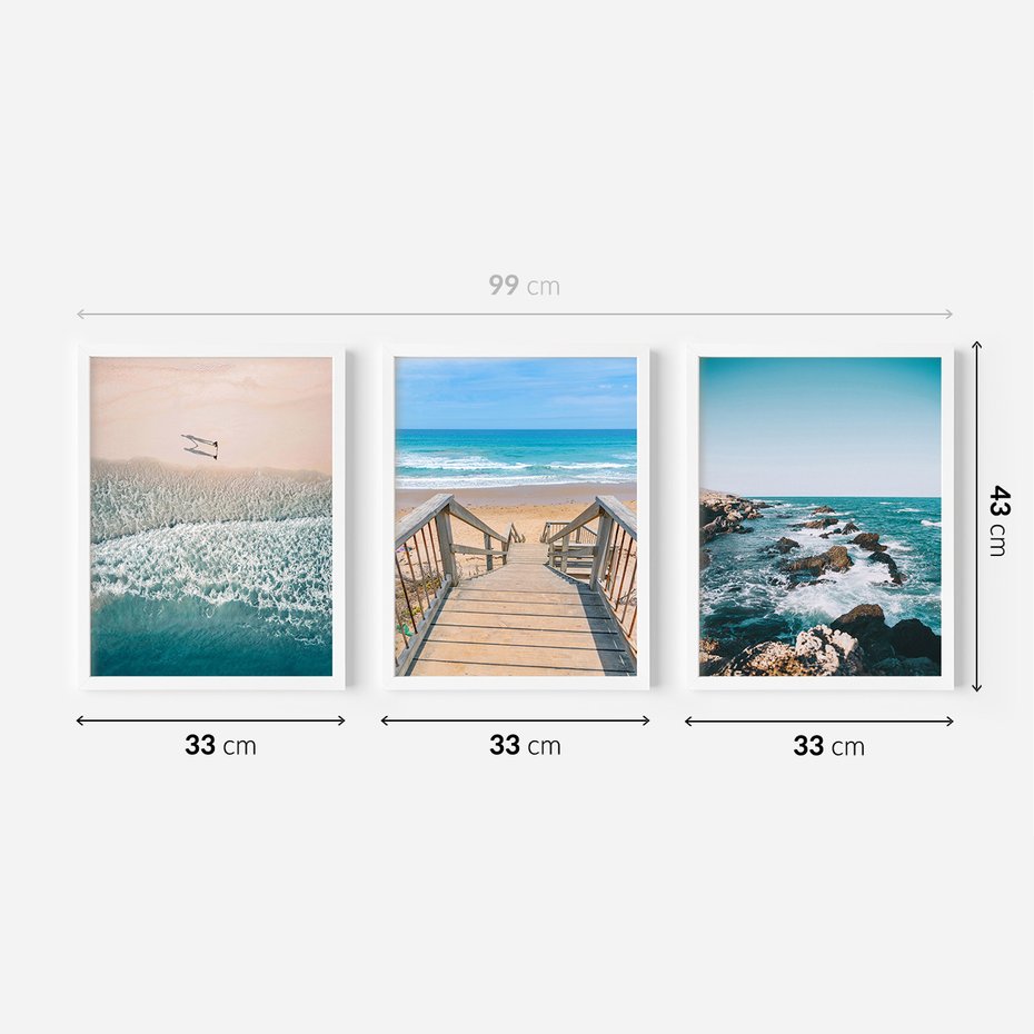 Zestaw obrazy w ramie 30x40 galeria - Plaża, morze, fale, boho - rama biała