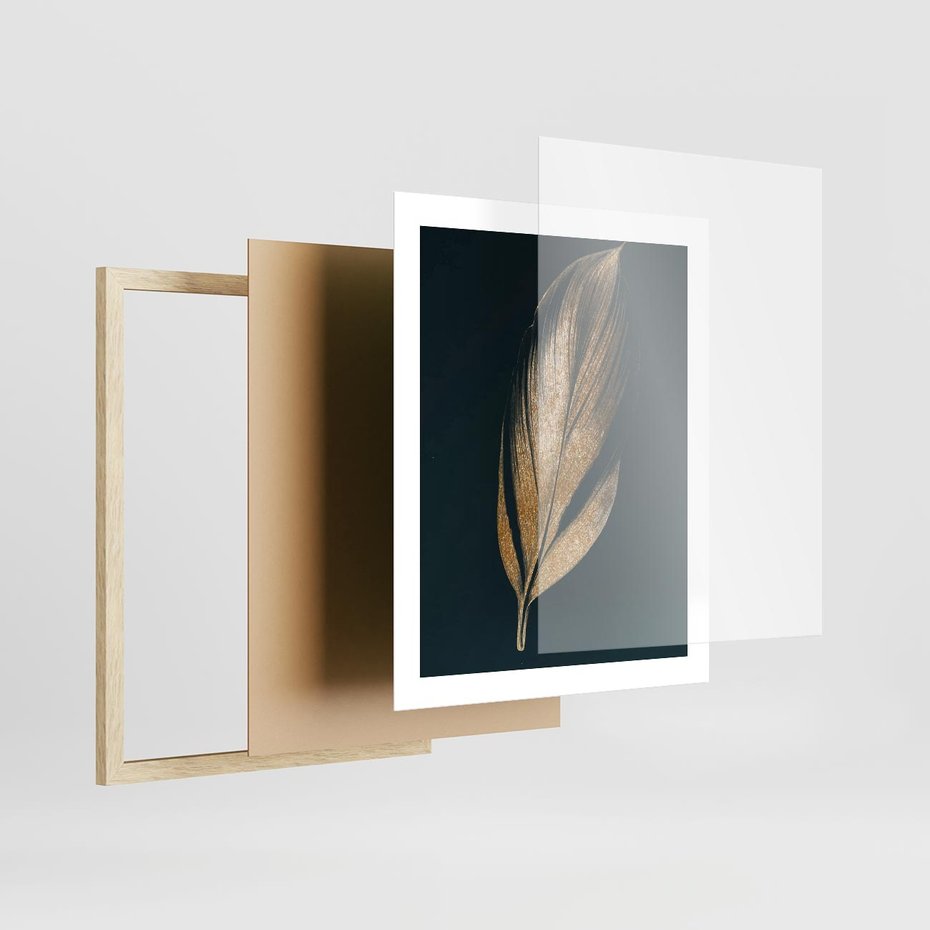 Plakat w ramie 40x50 - Mroczne Złoto - nowoczesna grafika, złoty liść na czarnym tle - rama drewno