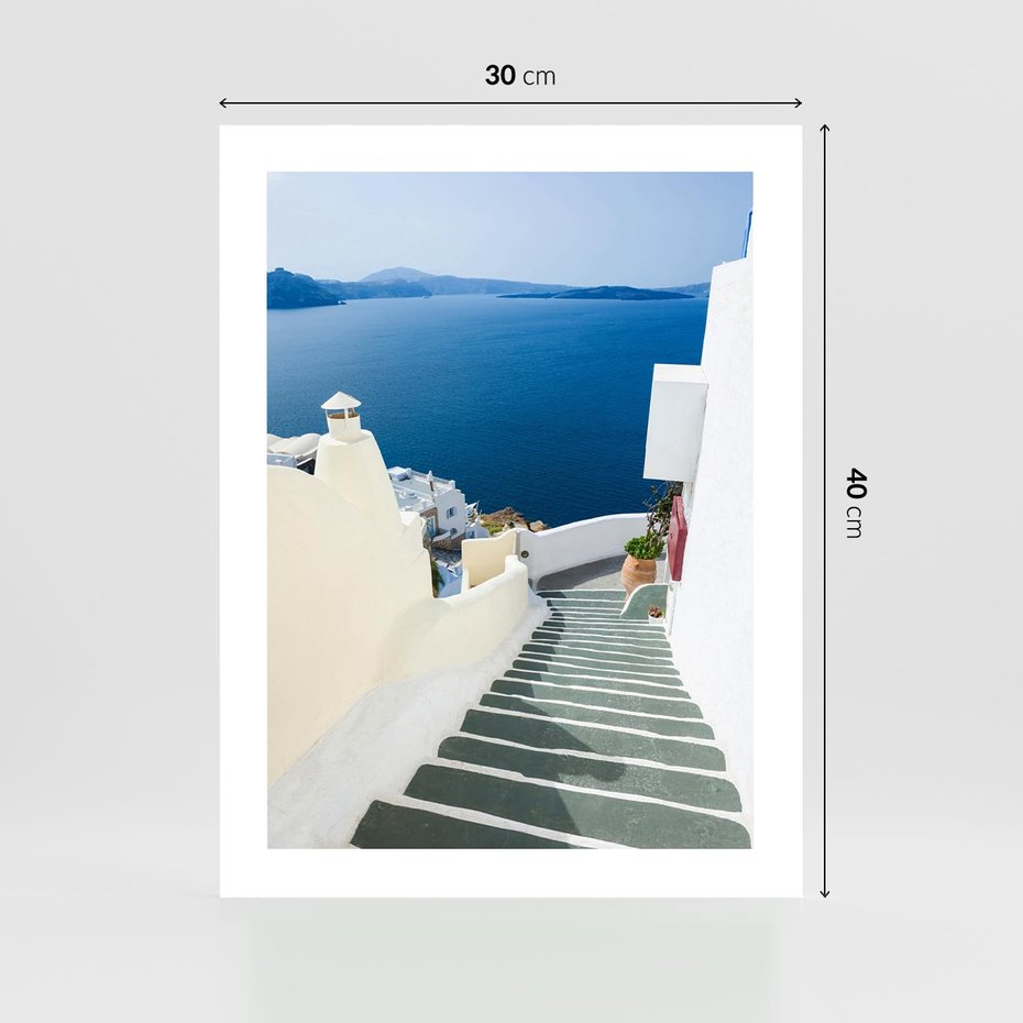 Plakat bez ramy 30x40 - Malowniczy urok wyspy - Santorini, schodki