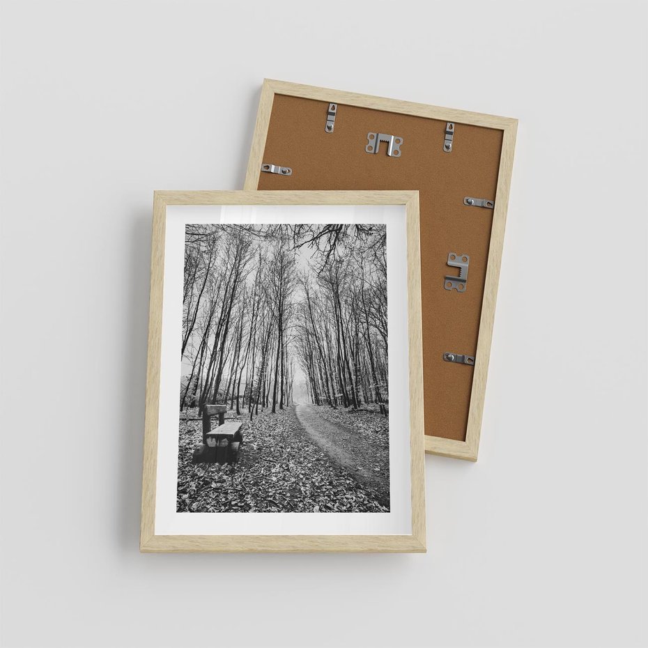 Plakat w ramie 30x40 - Spadające Liście - czarno białe zdjecie, park - rama drewno