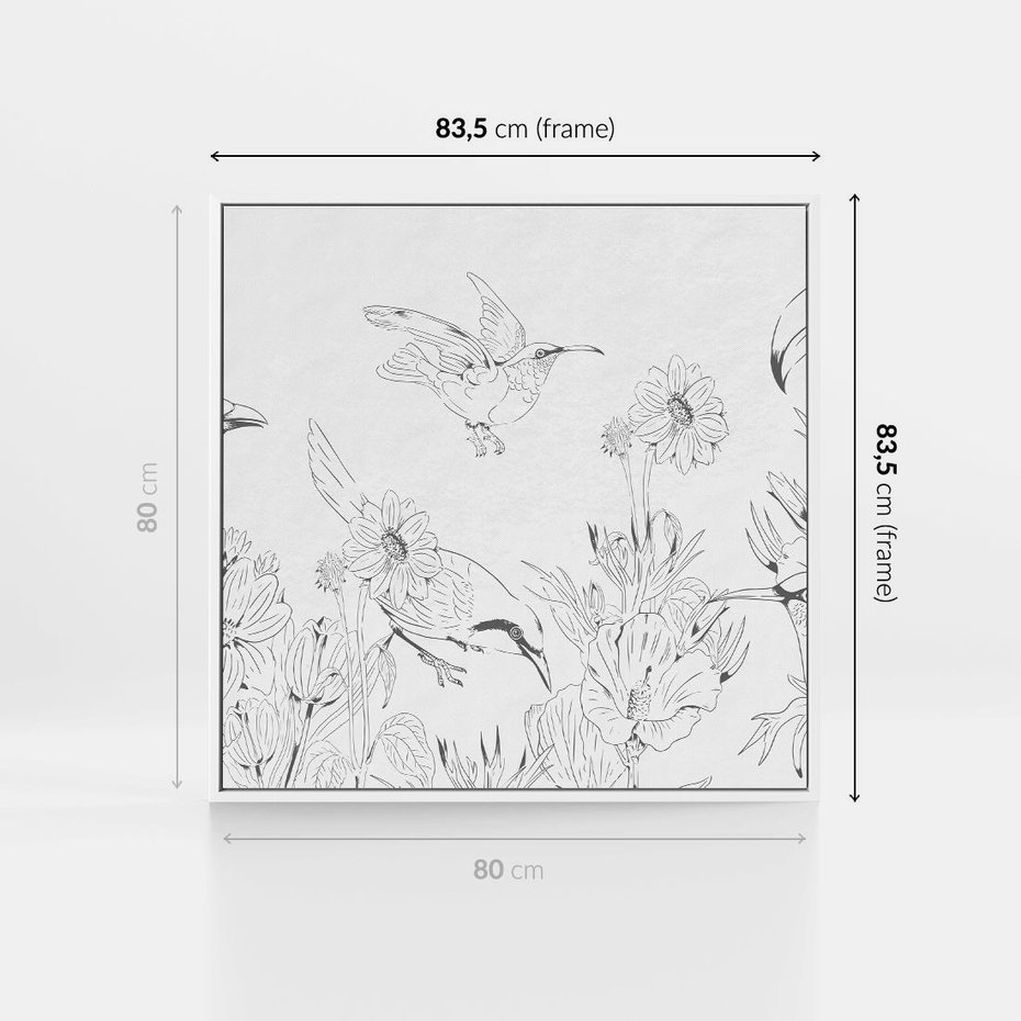 Obraz w ramie 80x80 - Tropiki w Monochromie - czarno biały szkic, tropikalne ptaki - rama biała