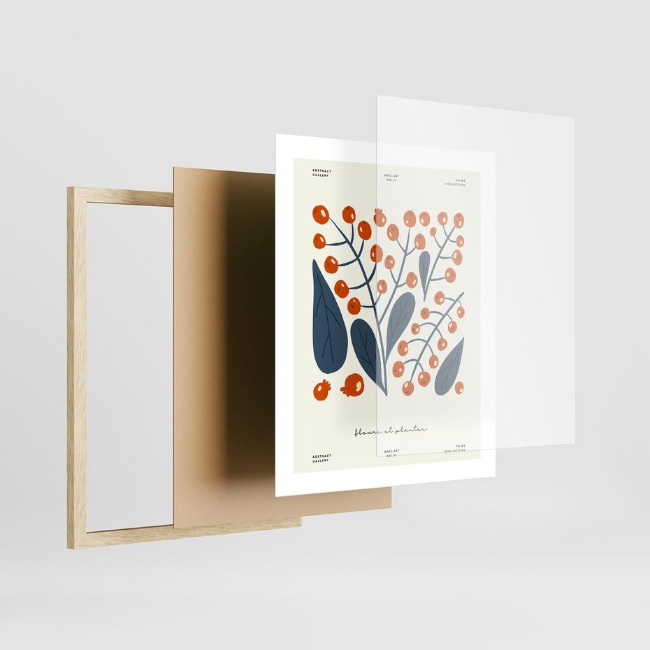 Plakat w ramie 40x50 - Minimalistyczna Uroda Jarzębin - jarzębiny, niebieskie liście - rama drewno