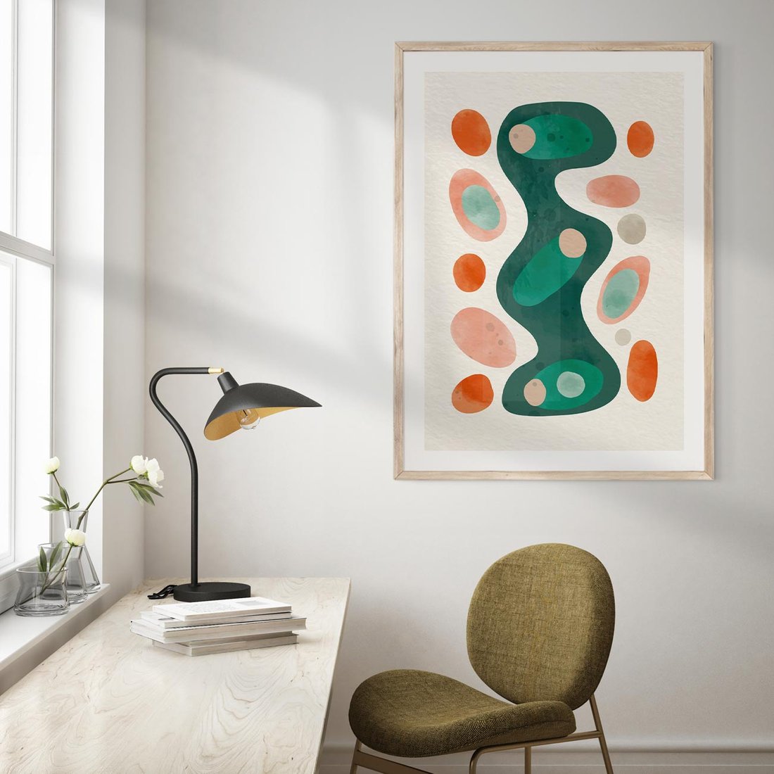 Plakat w ramie 50x70 - Wewnętrzne Spektrum - abstrakcyjne formy, dominujący kolor zielony - rama drewno