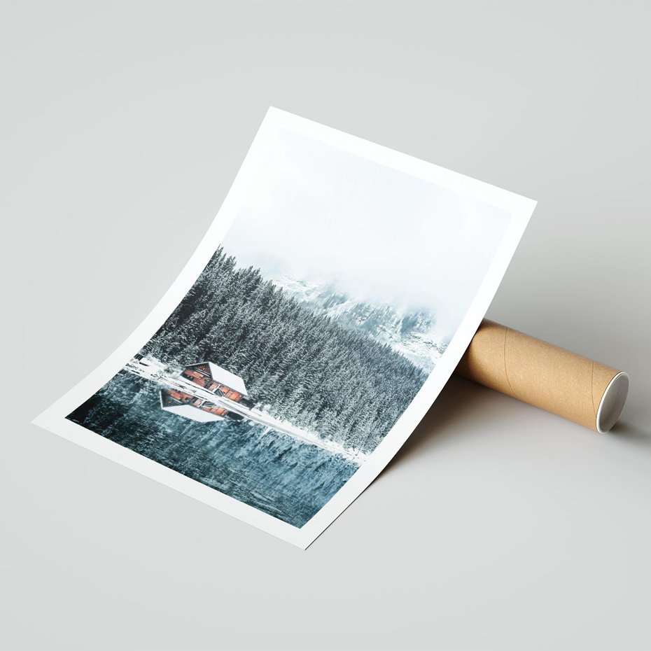 Plakat bez ramy 40x50 - Biały Domek - domek w górach, zima