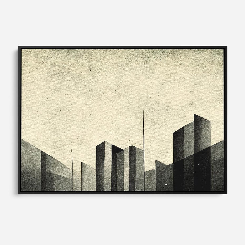Obraz w ramie 70x50 - Mroczne Wieżowce - postarzana grafika, perspektywa budynków wieżowców - rama czarna