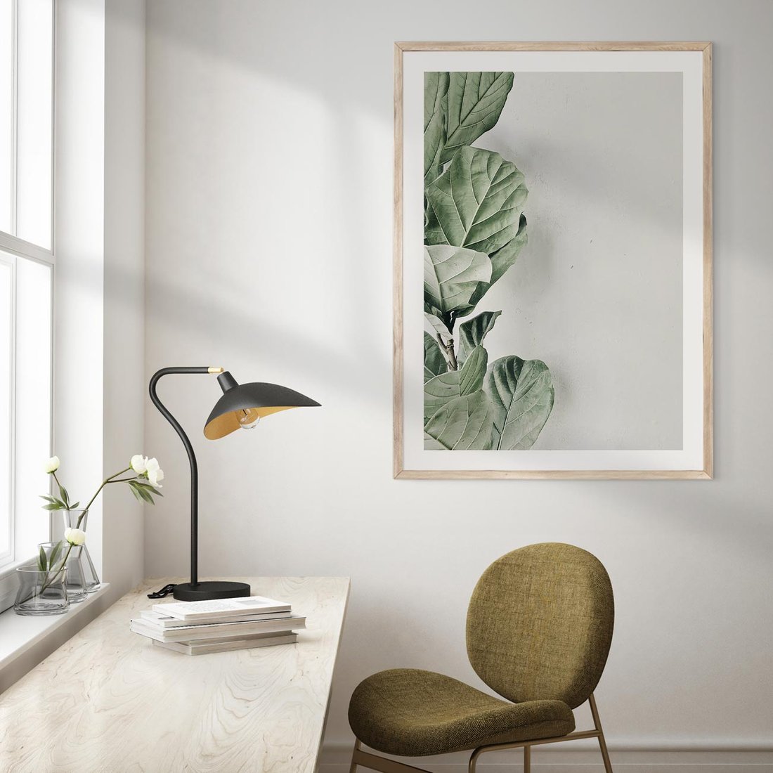 Plakat w ramie 50x70 - Minimalistyczna Harmonia: Zieleń Liści - zieone liście, kompozycja - rama drewno