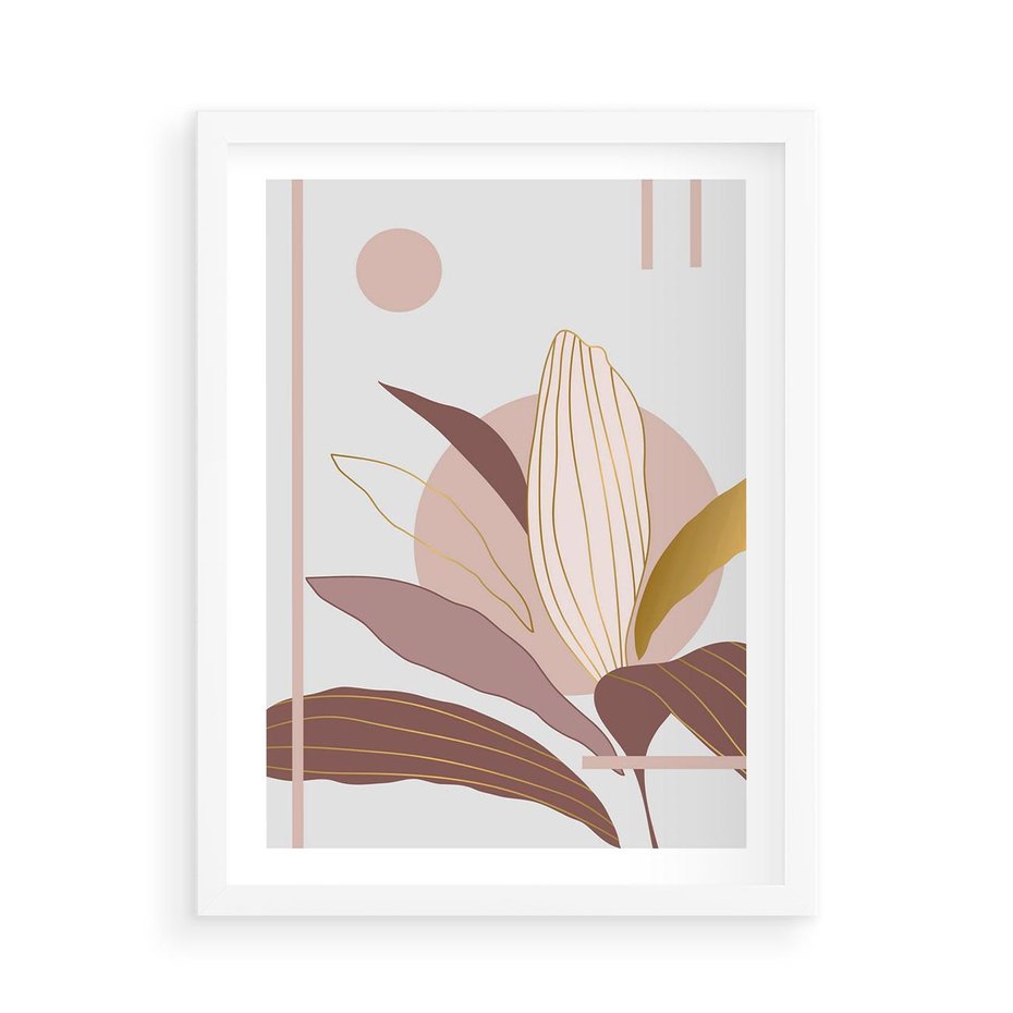 Plakat w ramie 50x70 - Pastelowa Uroda Natury: Kwiat z Złotymi Akcentami - pastelowa grafika, kwiat - rama biała