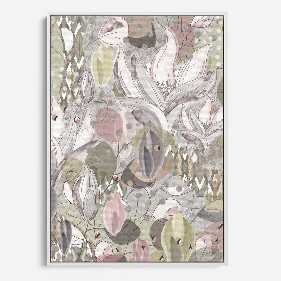 Obraz w ramie 50x70 - Pejzaże zatajonej duszy - połączenie tekstur, roślinne motywy - rama biała