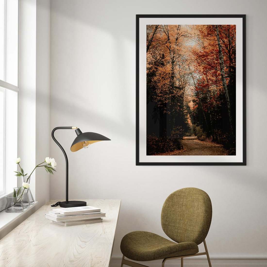 Plakat w ramie 40x50 - Drzewa w Czerwonych Liściach - las, jesienny las - rama czarna