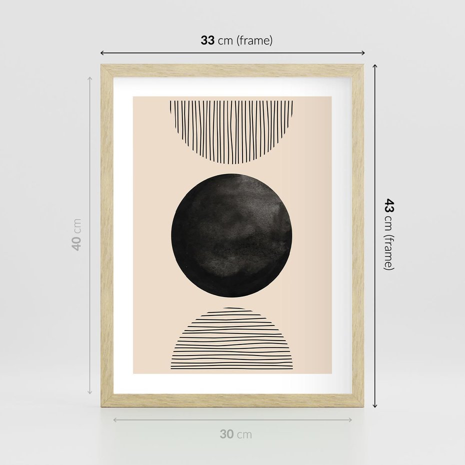 Plakat w ramie 30x40 - Minimalizm w Kształtach - geometryczny graficzny obraz, czarne koło - rama drewno