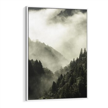 Obraz w ramie 80x120 - Mgliste góry w lesie - góry, las - rama biała