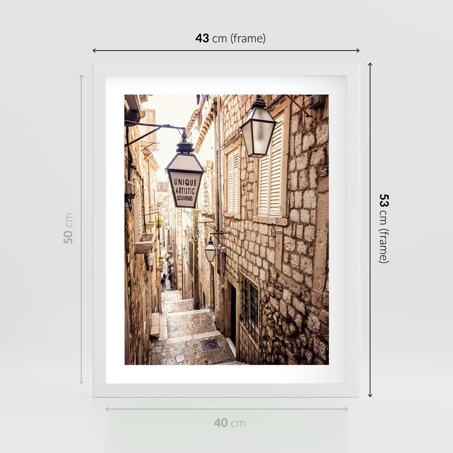 Plakat w ramie 40x50 - mistyczna podróż - uliczka, perspektywa - rama biała