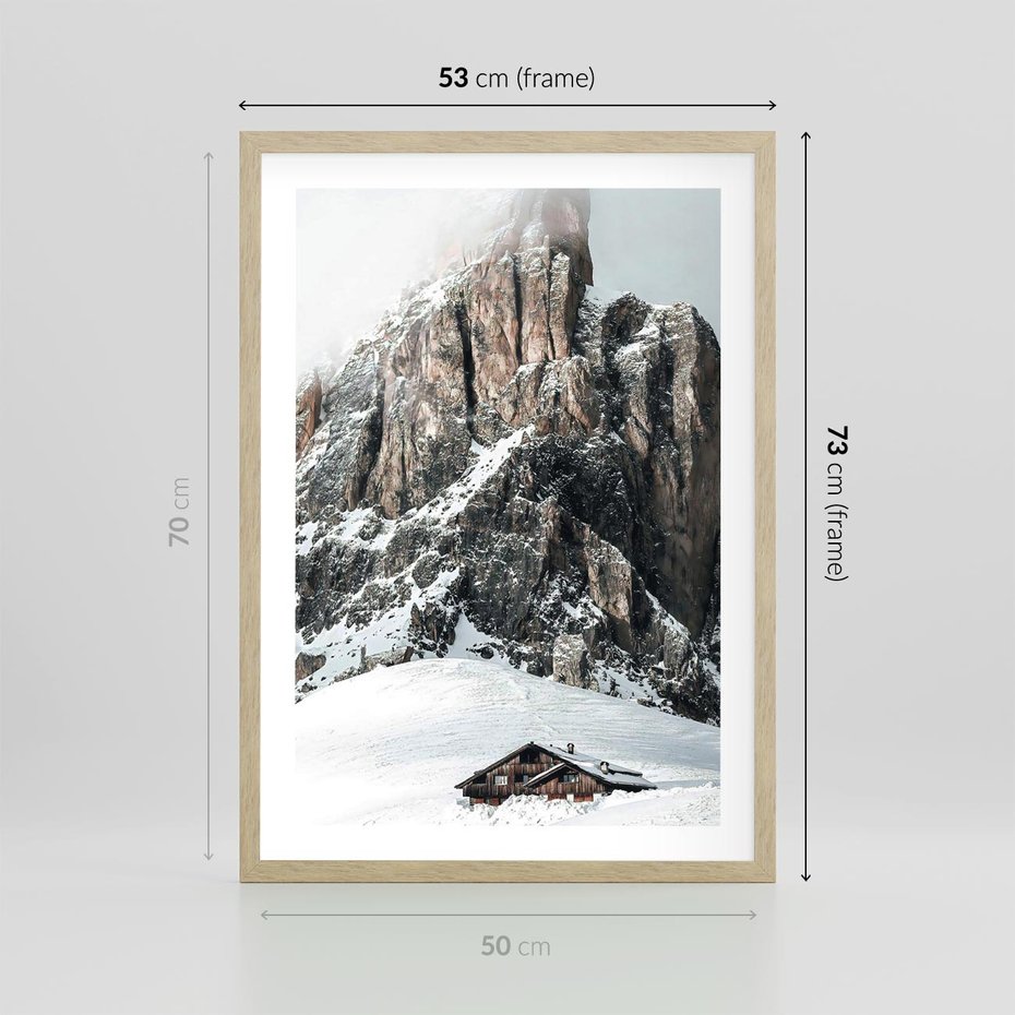Plakat w ramie 50x70 - Górski Raj z Chatką - górskie szczyty, ośnieżone góry - rama drewno