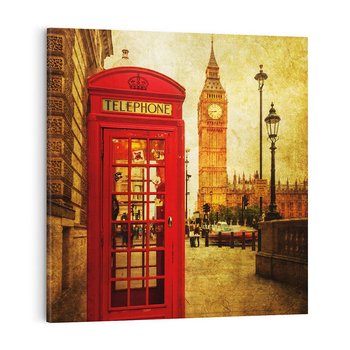 Obraz na płótnie 60x60 - Ikoniczna budka telefoniczna w Londynie - sepia, budka