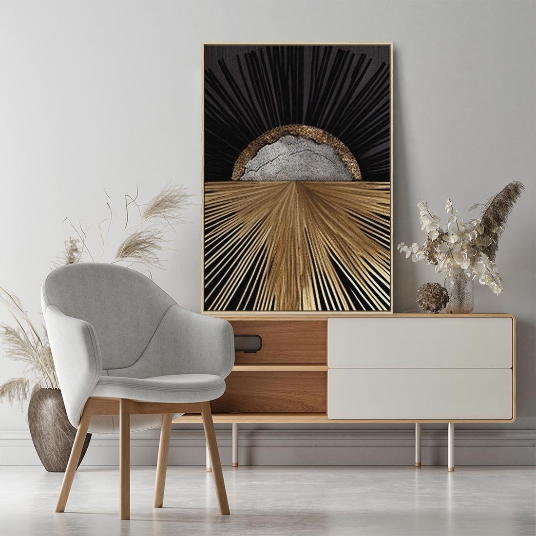 Obraz w ramie 80x120 - Metaliczne Boho Abstrakcje - boho, słońce - rama drewno