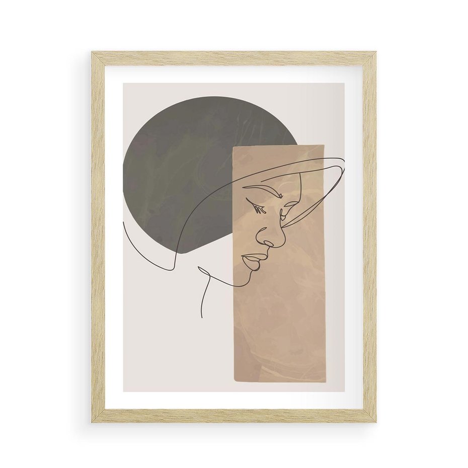 Plakat w ramie 50x70 - Jedną Linią: Kobieca Twarz - abstrakcja, plamy w tle - rama drewno