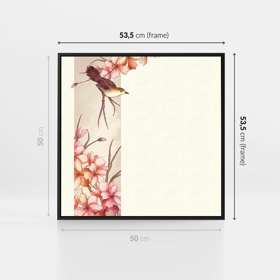 Obraz w ramie 50x50 - Rozkwitające Marzenia - japońska sztuka, ptak - rama czarna