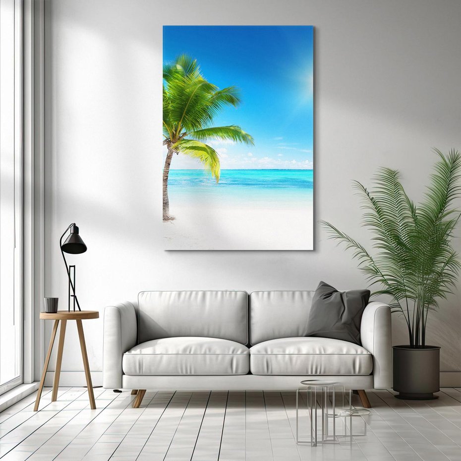 Obraz na płótnie 50x70 - Wakacyjne uniesienie: plaża i palma - plaża, morze
