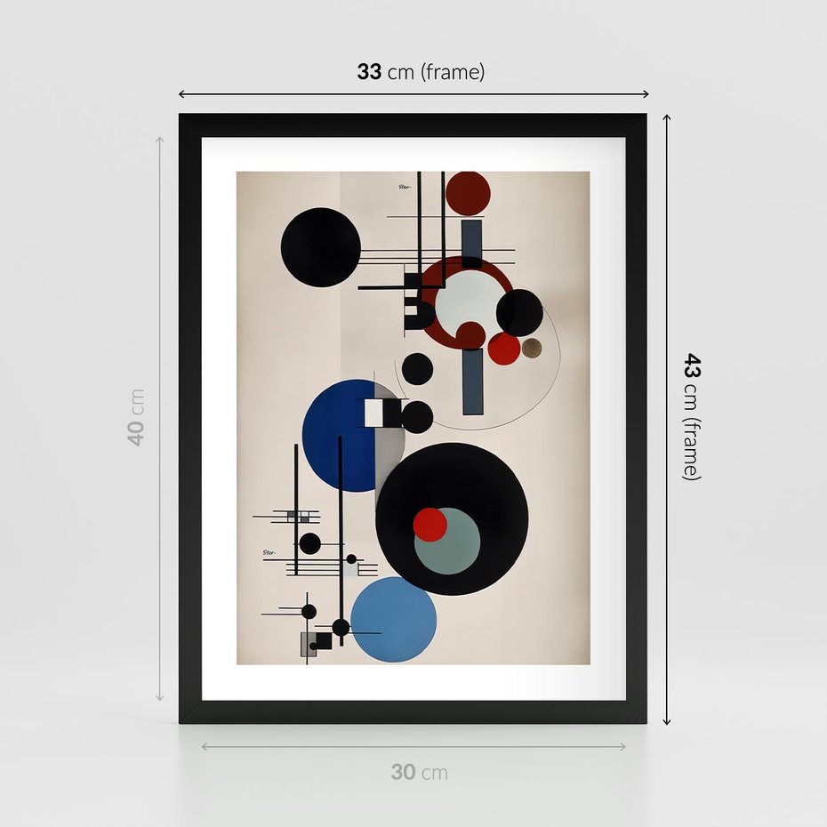Plakat w ramie 30x40 - Rozkwitające Wibracje Wyobraźni - abstrakcyjna geometryczna kompozycja, koła linie - rama czarna