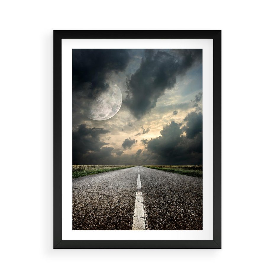 Plakat w ramie 50x70 - magia nocnej drogi - droga, księżyc - rama czarna