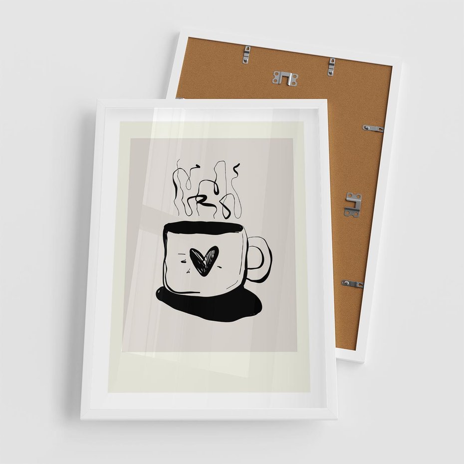 Plakat w ramie 50x70 - Grafika Kubka w Czerni i Bieli - kubek, grafika - rama biała