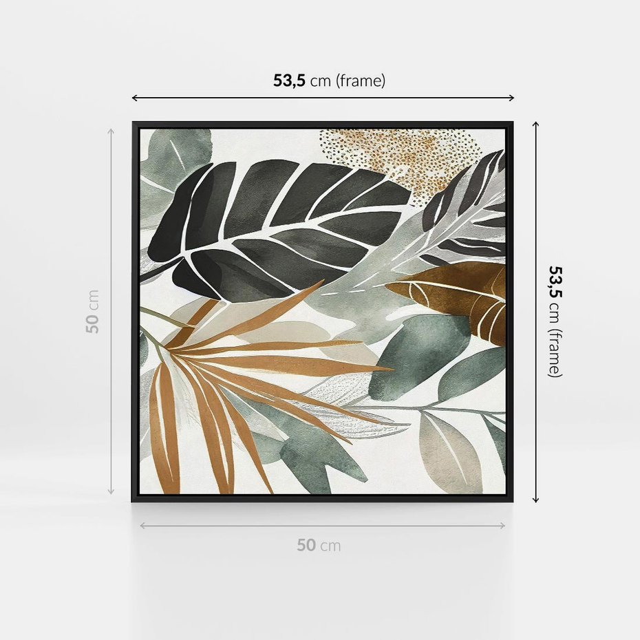 Obraz w ramie 50x50 - Współbrzmienie wewnętrznego ja - kompozycja z tropikalnych liści, stonowane kolory - rama czarna